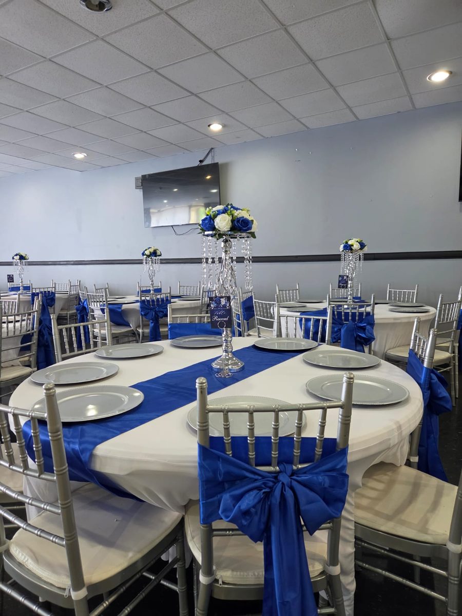 Blue and white table setting detail at Infinity Venue